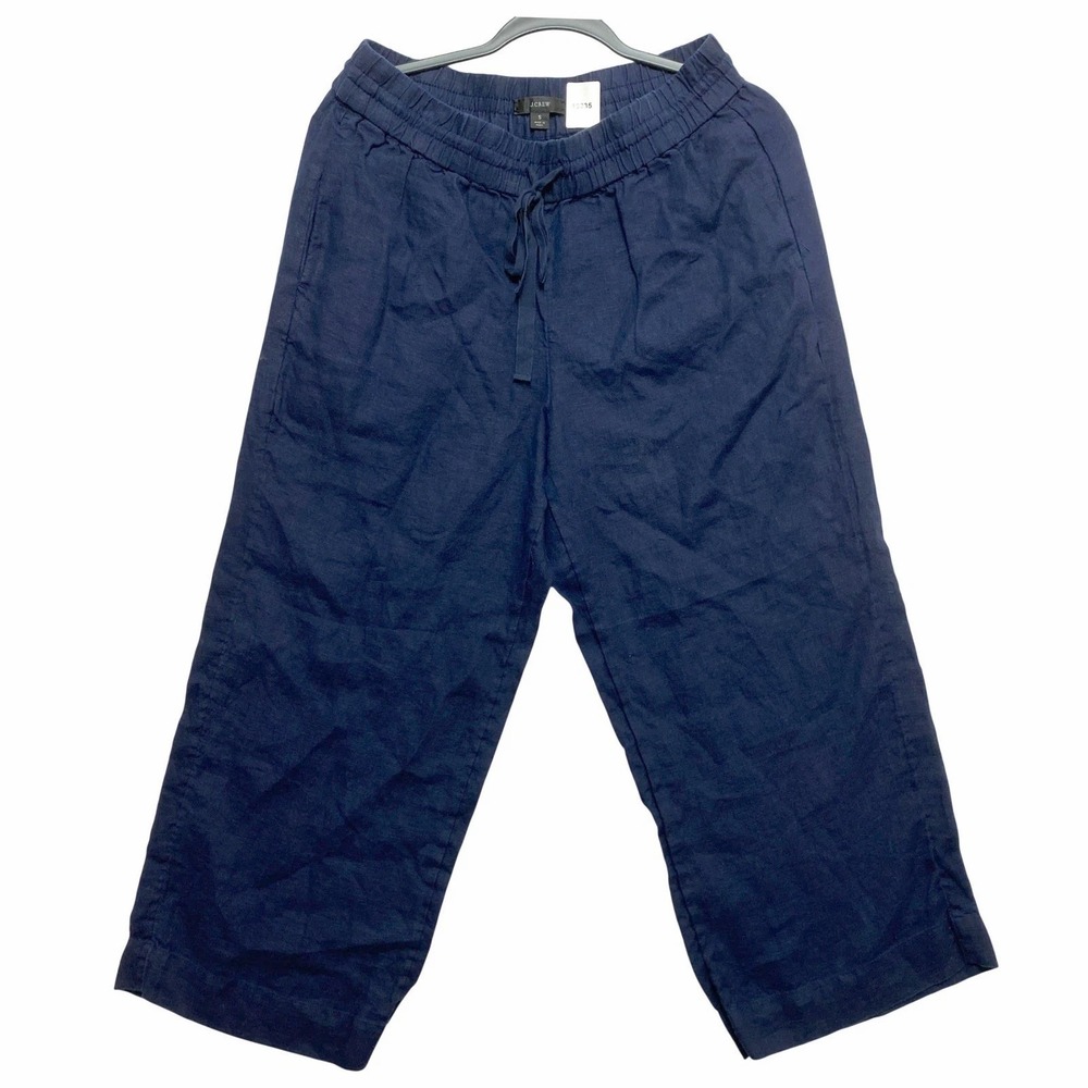 J. Crew Wide Leg Pants Small Navy Blue 100% Linen Drawstring Elastic Waist